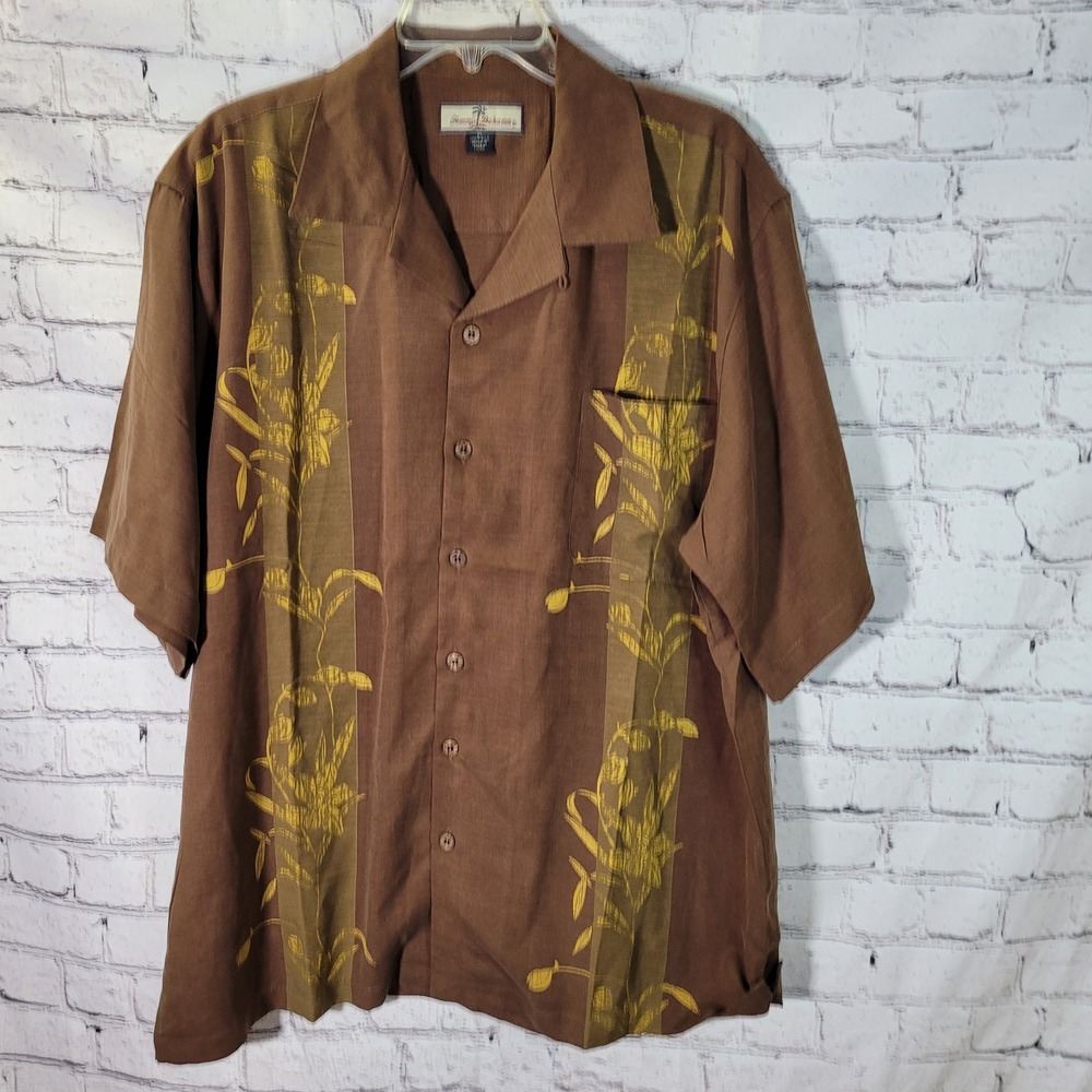 Tommy Bahama Silk Camp Shirt Mens XL Brown Floral Embroidered Button Up Shirt